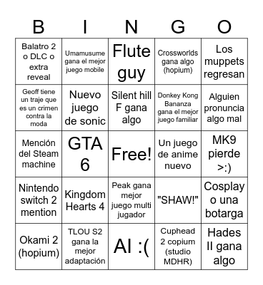 GAME AWARDS 2025 Bingo Card