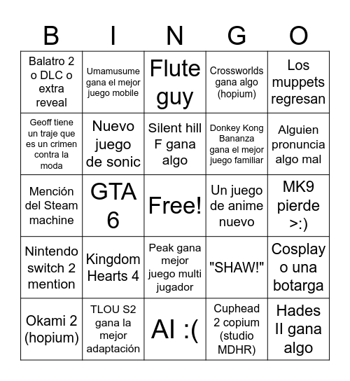 GAME AWARDS 2025 Bingo Card