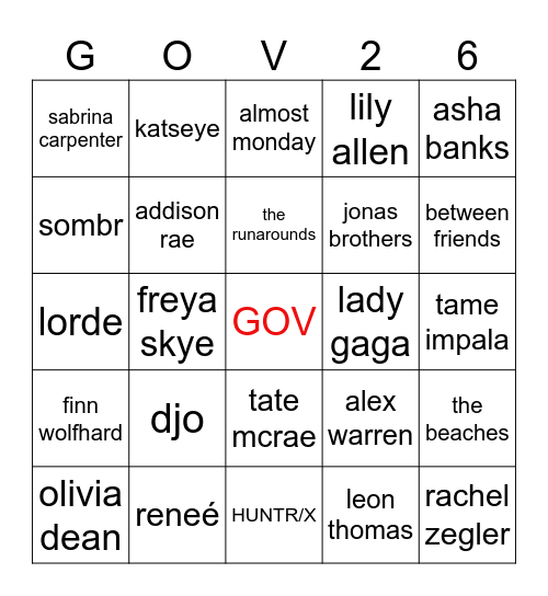 govball bingo 2026 Bingo Card