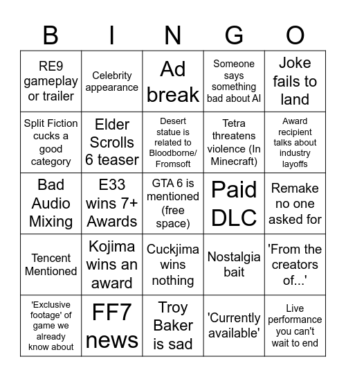 Game Awards Bingo Card