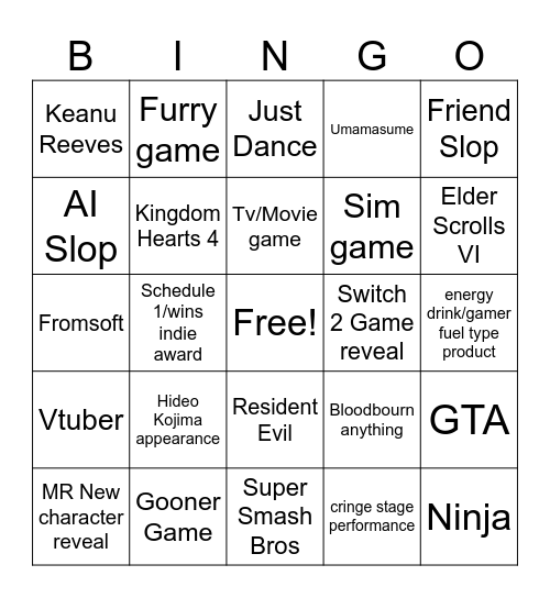 Game Awards Bingo Card