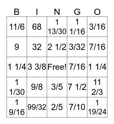 Fraction Bingo Card
