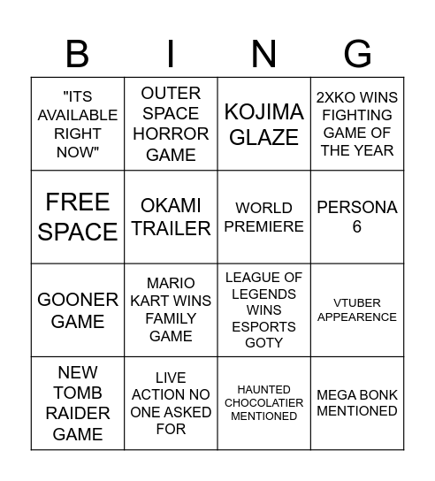 GAME AWARDS Bingo Card