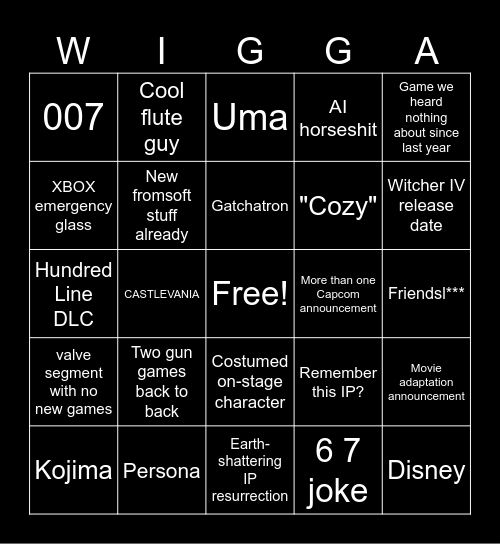tga 2025 Bingo Card