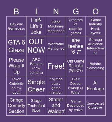 Game Awards 2025 Predictions Bingo Card