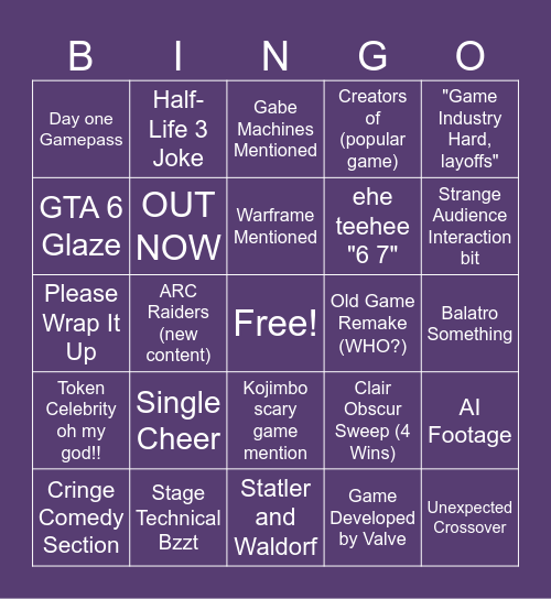 Game Awards 2025 Predictions Bingo Card