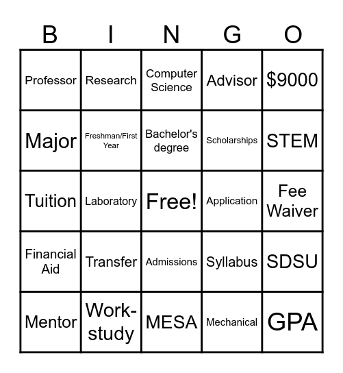 College Prep Outreach Bingo Card