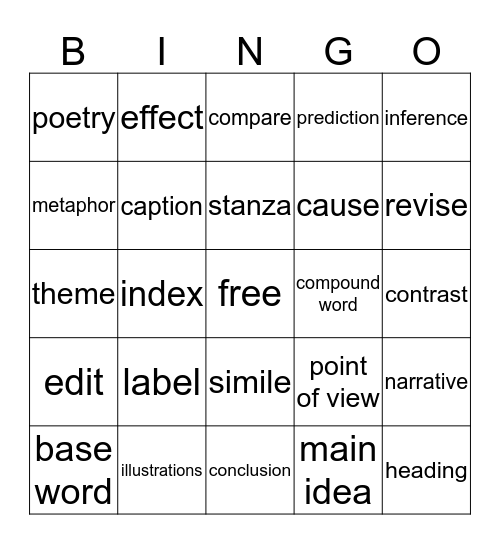 ELA Vocabulary Bingo Card