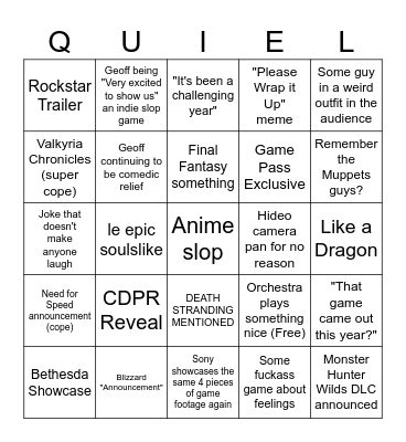 Kyle's Delusional Game Awards Bingo Card