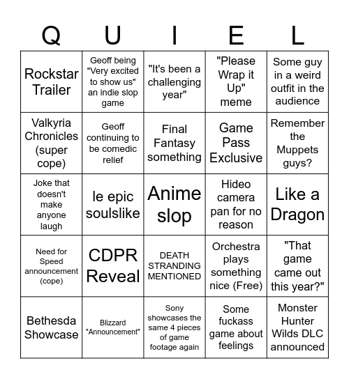 Kyle's Delusional Game Awards Bingo Card