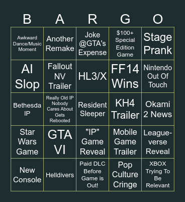 Game Award's Bingo - BardicRJ Bingo Card