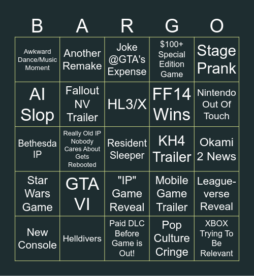 Game Award's Bingo - BardicRJ Bingo Card