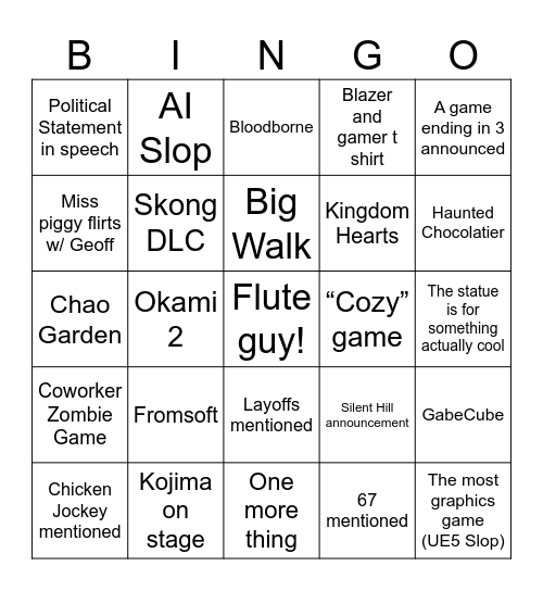 Game Awards 2025 Bingo Card