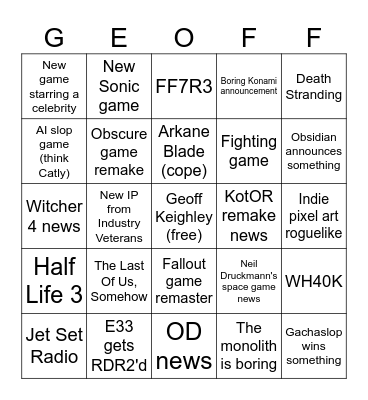 Game Awards 2025 Bingo Card