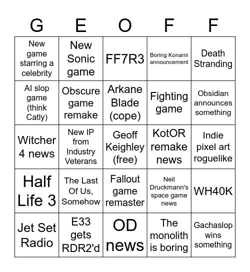 Game Awards 2025 Bingo Card