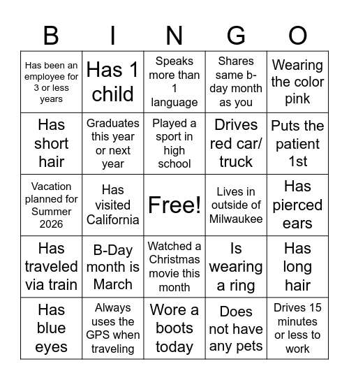 Getting To Know You - PCHC BINGO Card