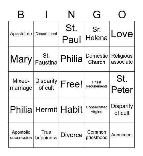 Theology Exam Review Bingo Card