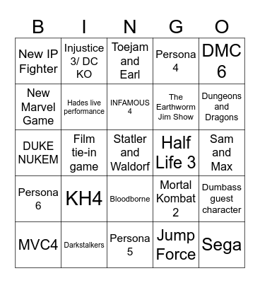 Game awards Bingo Card