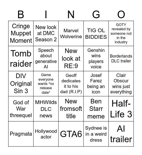 TGA 2025 Bingo Card