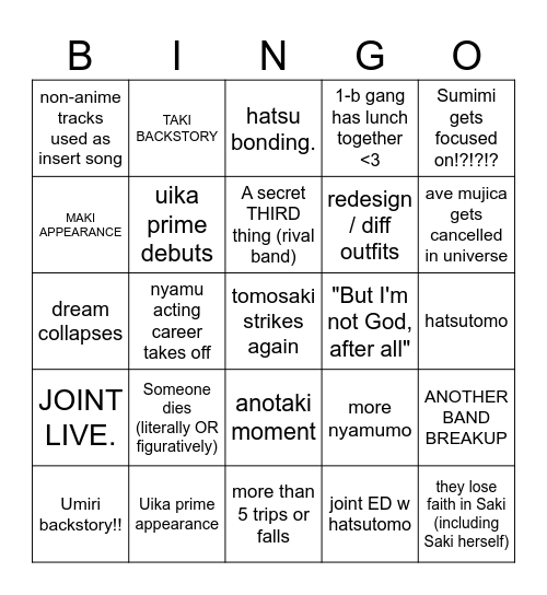 Sequel Bingo Card