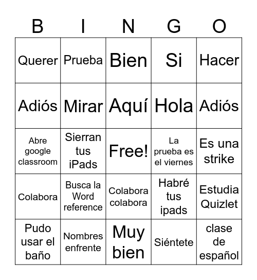 Spanish Bingo Card