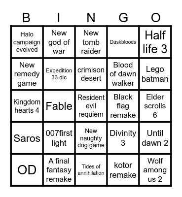 Game awards 2025 Bingo Card