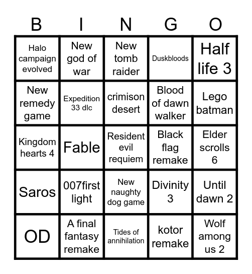Game awards 2025 Bingo Card