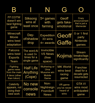 Game Awards Bingo Card
