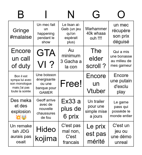 Game Award Bingo Card