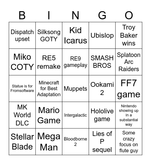 Game Awards Bingo Card