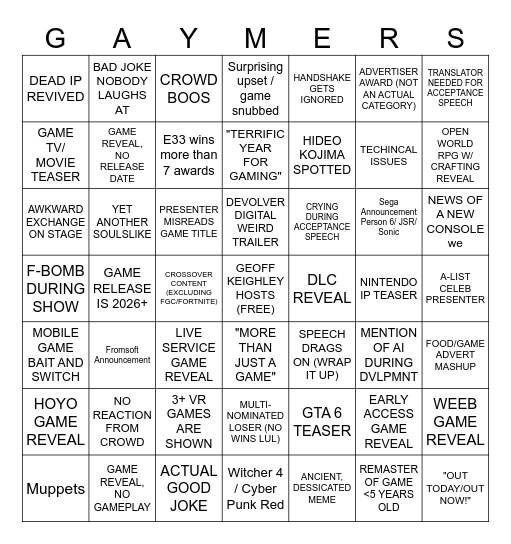 The Game Award Bingo Card
