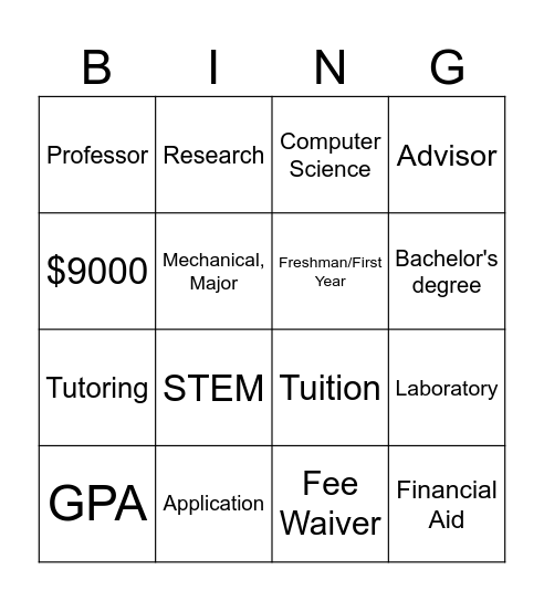 College Prep Outreach Bingo Card