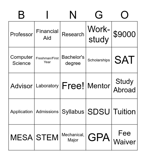 College Prep Outreach Bingo Card