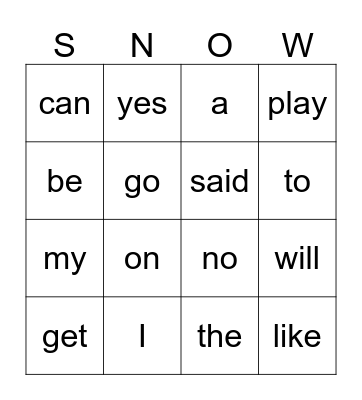Snowflake Sight Words Bingo Card