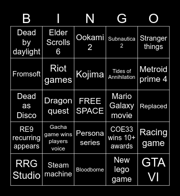 Game awards bingo Card