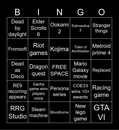 Game awards bingo Card