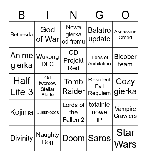 TGA Bingo Card