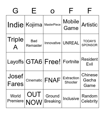 GAME AWARDS 2025 Bingo Card