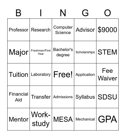 College Prep Outreach Bingo Card
