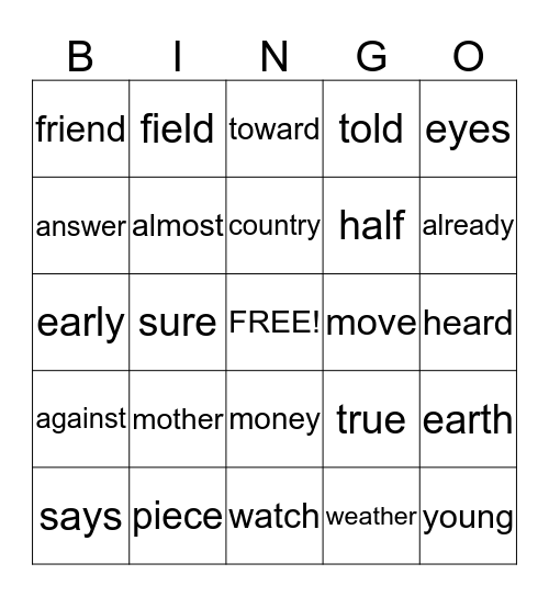 2nd Grade Irregular Word Bingo Card