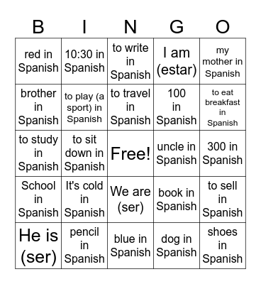 Verbo Estar + Vocabulary Bingo Card