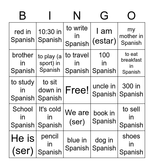 Verbo Estar + Vocabulary Bingo Card