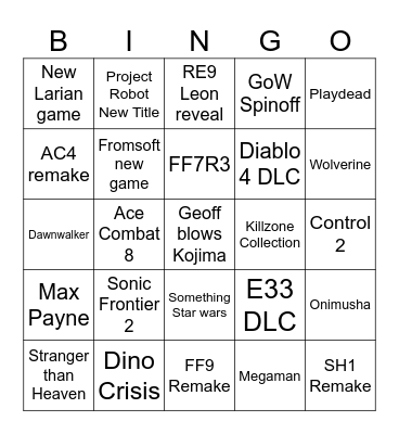 TGA Bingo Card