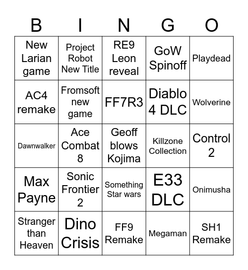 TGA Bingo Card