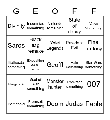 Game Awards 2025 Bingo Card