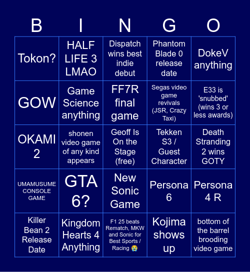 TGA BINGO!! Bingo Card