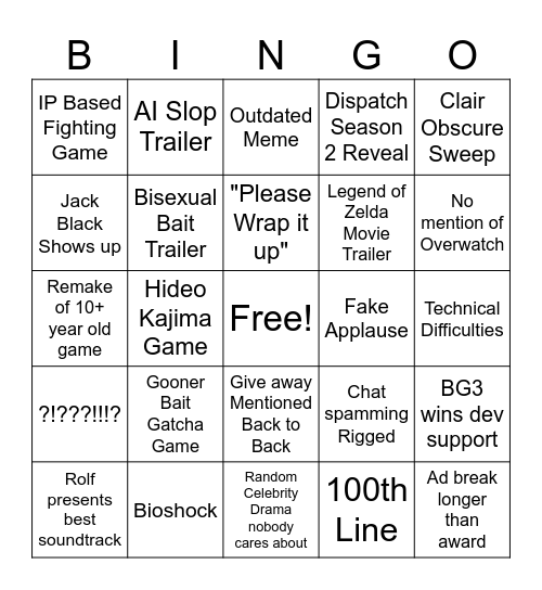 Game Awards Bingo Card