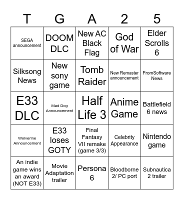 Game Awards 2025 Bingo Card