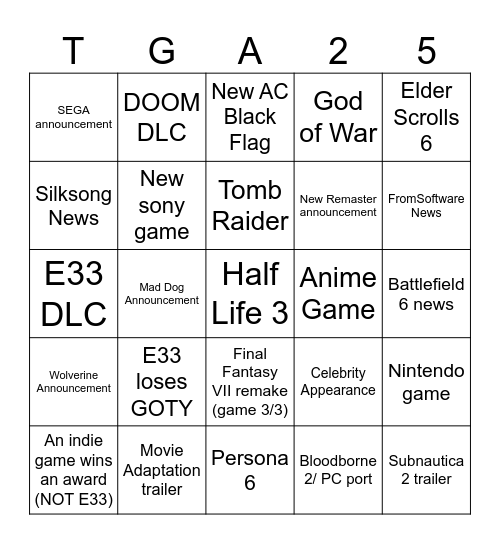 Game Awards 2025 Bingo Card