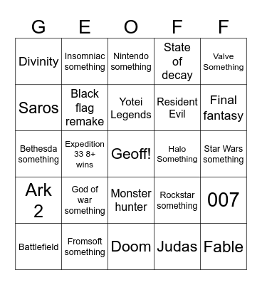 Game Awards 2025 Bingo Card
